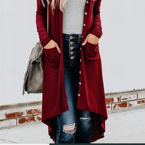 BURGUNDY HIGH LOW BUTTON-DOWN CARDIGAN DUSTER - Picture 2 of 8